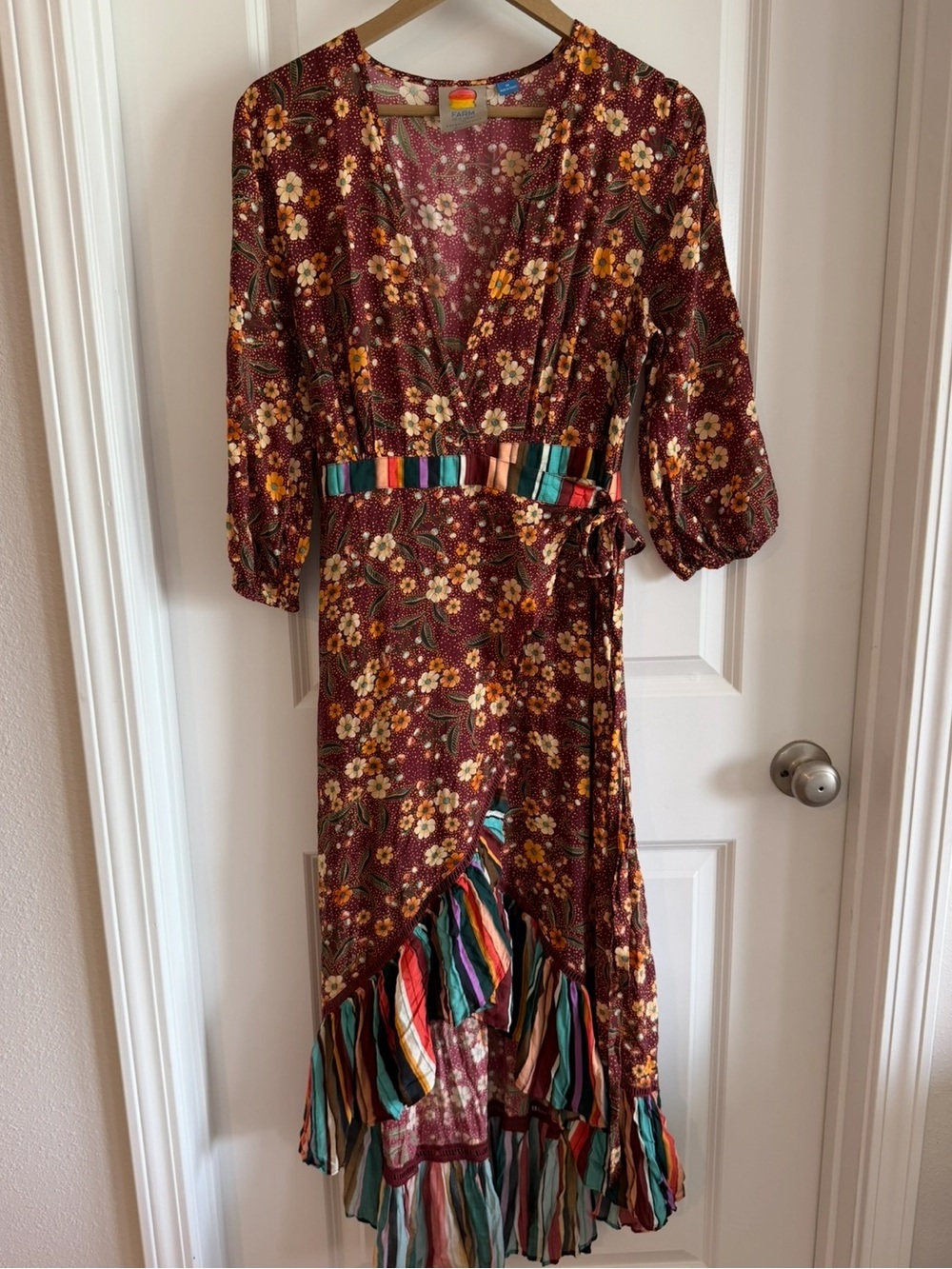 FARM Rio Burgundy Floral Maxi Wrap Dress with Multicolor Striped Trim - Picture 3 of 16